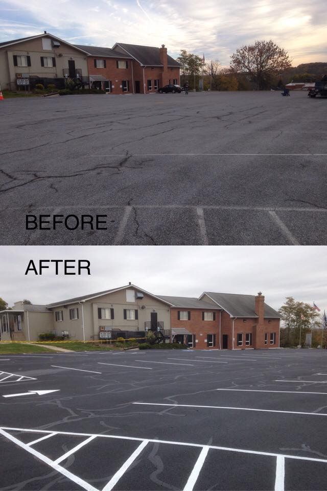 Before-and-after parking lot resurfacing outside a building at dusk.