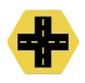 Black cross on a yellow hexagon sign with dashed white lines
