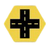 Black cross on a yellow hexagon sign with dashed white lines