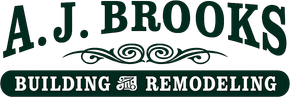 A.J. Brooks Building & Remodeling logo in dark green and white with decorative scrollwork