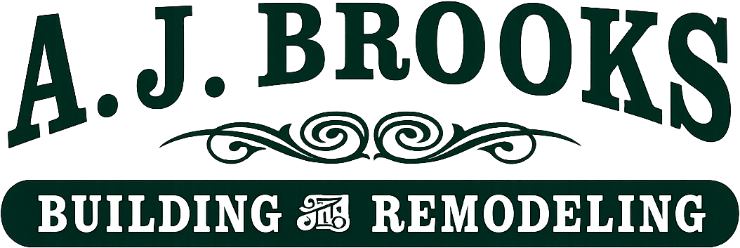 A.J. Brooks Building & Remodeling logo in dark green and white with decorative scrollwork