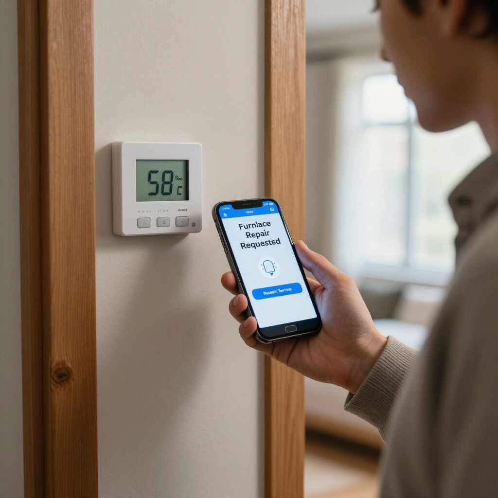 Person using a smartphone app to adjust a wall thermostat in a home interior