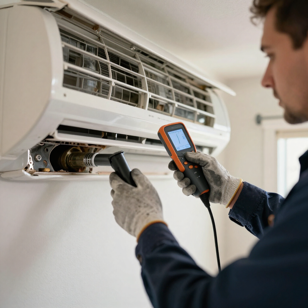 Technician using a thermal camera to inspect an indoor wall air conditioner unit