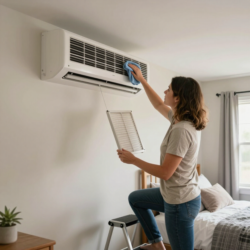 Woman cleaning a wall-mounted air conditioner with a cloth, holding the removed filter in a bedroom