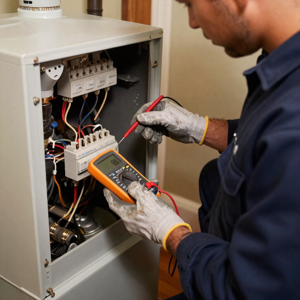 Technician testing wiring inside an open electrical control panel with a multimeter