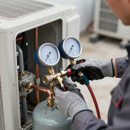 Technician connecting gauges to an outdoor HVAC unit beside a gray refrigerant tank.