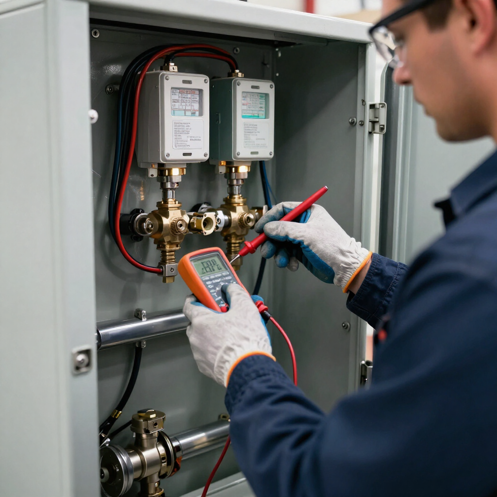 Technician checking electrical control panel with a multimeter inside an open cabinet