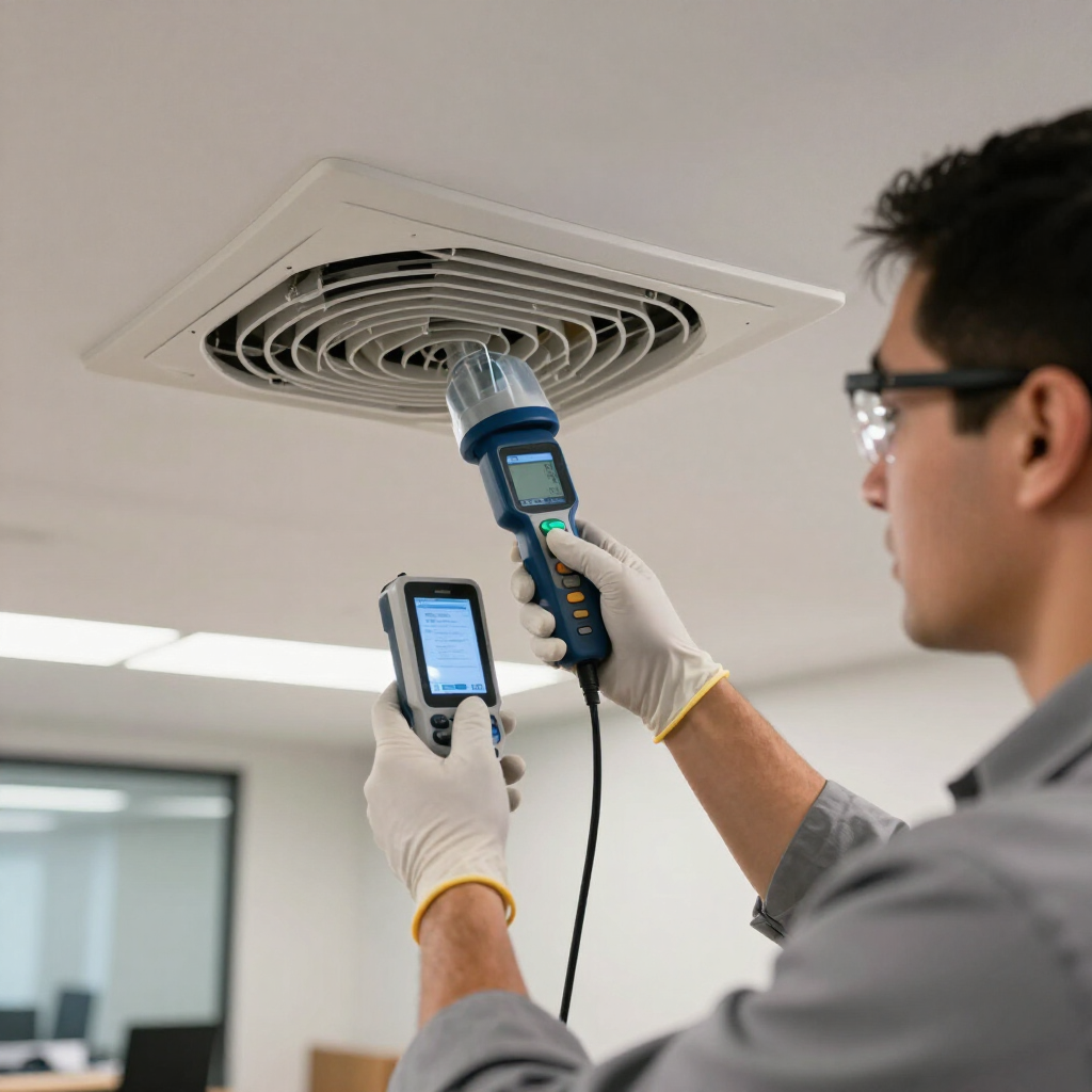 Technician inspecting a ceiling vent with a drill and handheld meter in an office ceiling