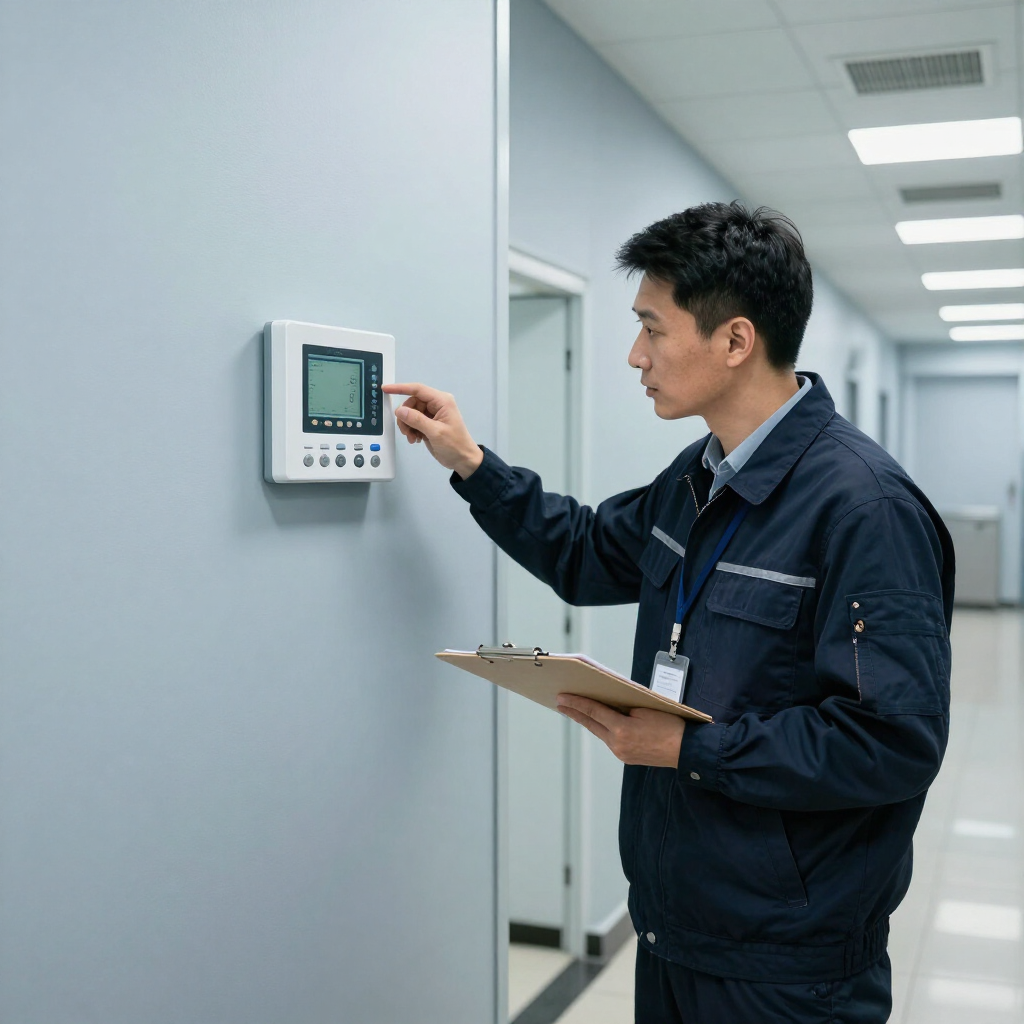 Technician adjusting a wall-mounted control panel in a clean hallway, holding a clipboard.