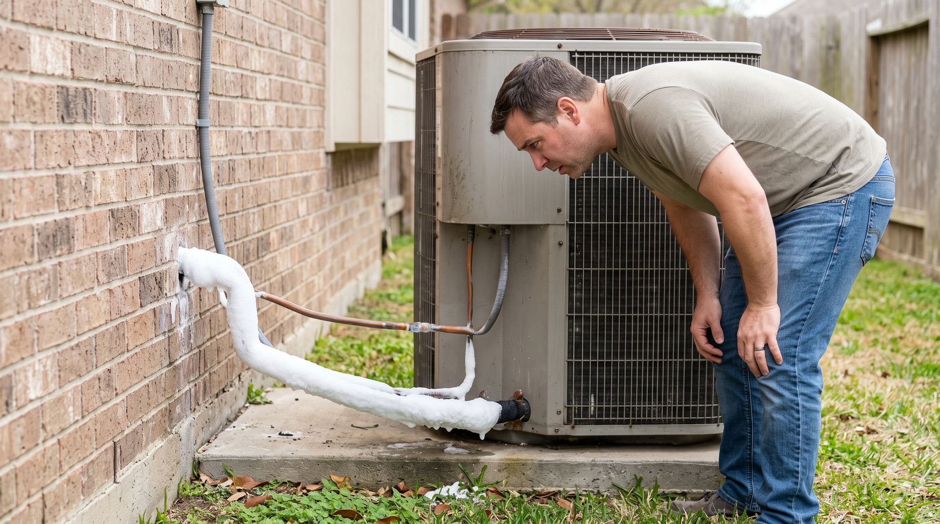 Man inspecting a white PVC drain pipe beside an outdoor HVAC unit on a brick house wall