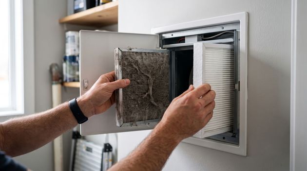 Hands removing a dirty HVAC air filter from a wall vent indoors