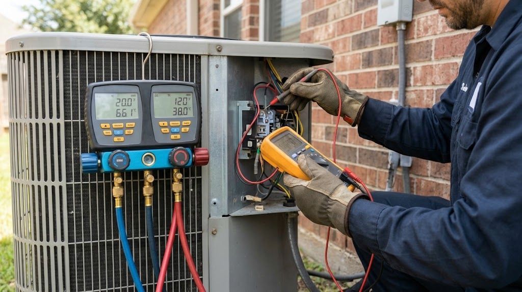 Technician using a multimeter to inspect an outdoor electrical panel beside a brick wall.