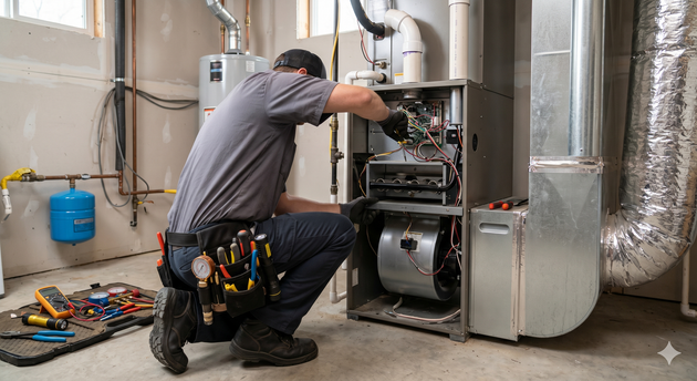 Technician kneeling beside open HVAC furnace, using tools in a mechanical room
