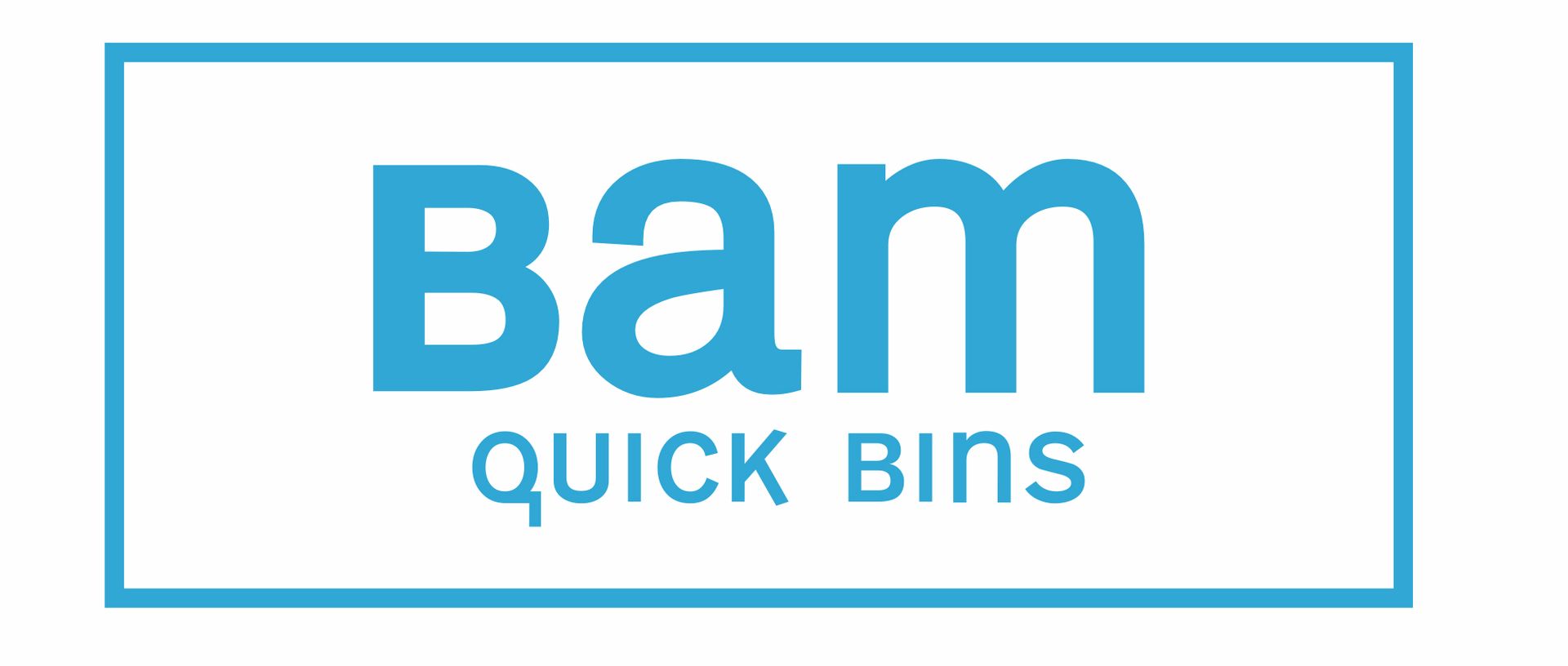 Logo for Bam Quick Bins, blue text on a white background, in a blue rectangular box.