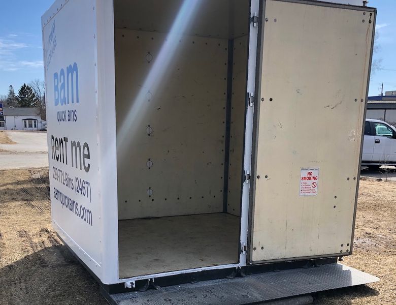 White storage container, door open, with 