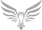 Gray owl with outstretched wings, stylized in a symmetrical design.