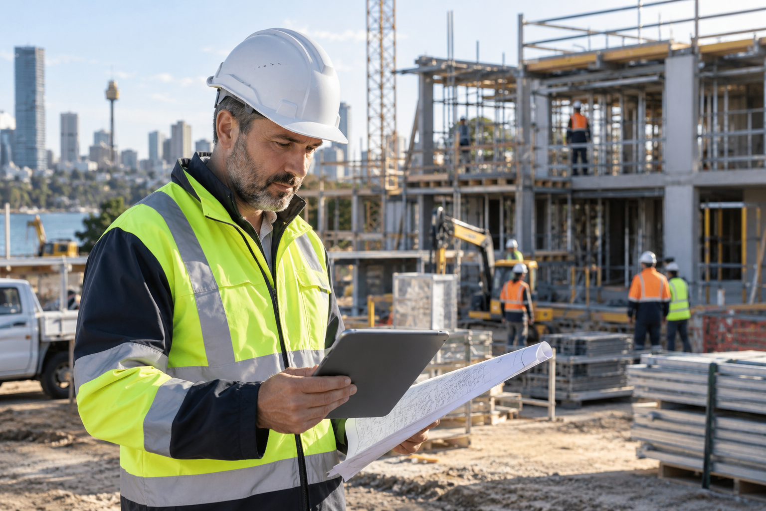 Construction worker in a hard hat and safety vest reviewing plans at a building site