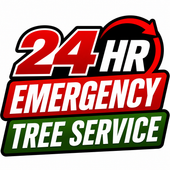 24-hour emergency tree service logo in red, white, black, and green