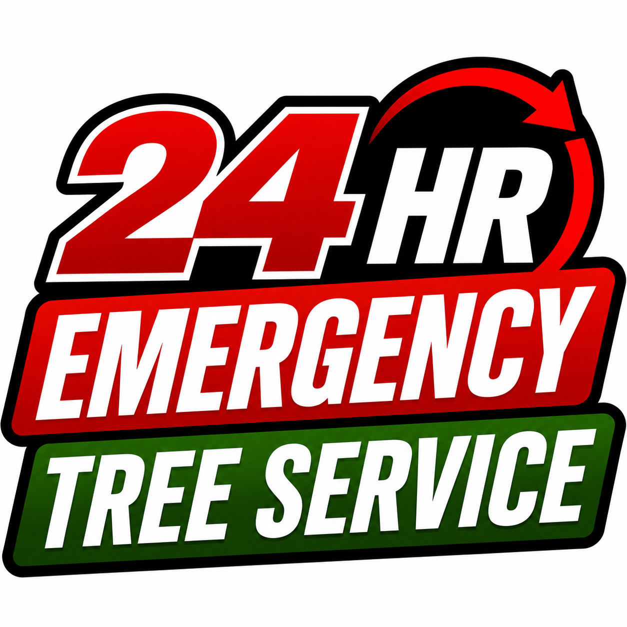 24-hour emergency tree service logo in red, white, black, and green