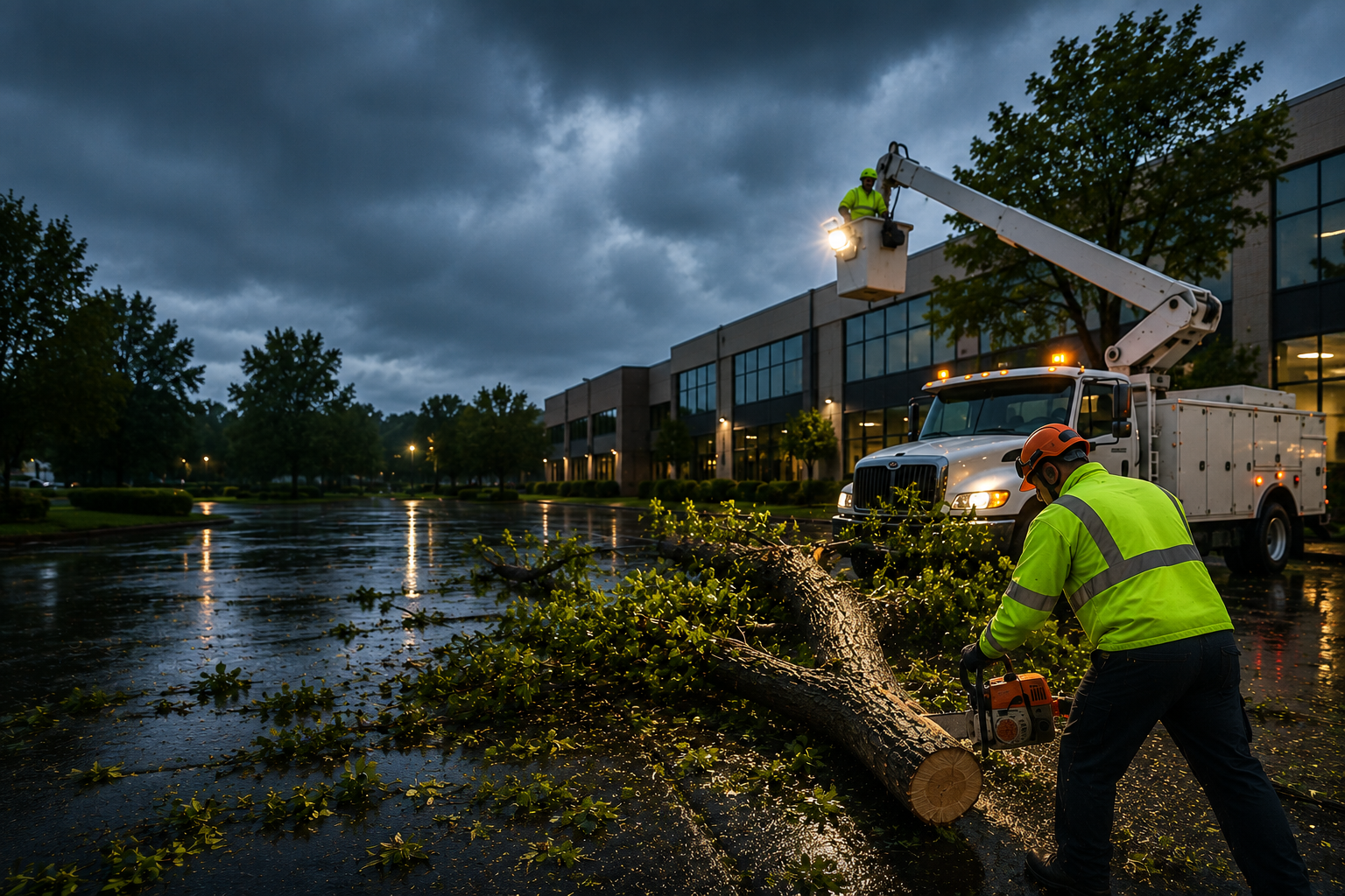 Worker in a neon jacket clearing storm debris from a flooded parking lot beside a building at dusk