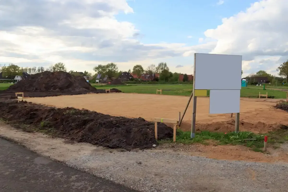 Construction site with a dirt lot, gravel road, and blank signboards under a cloudy sky