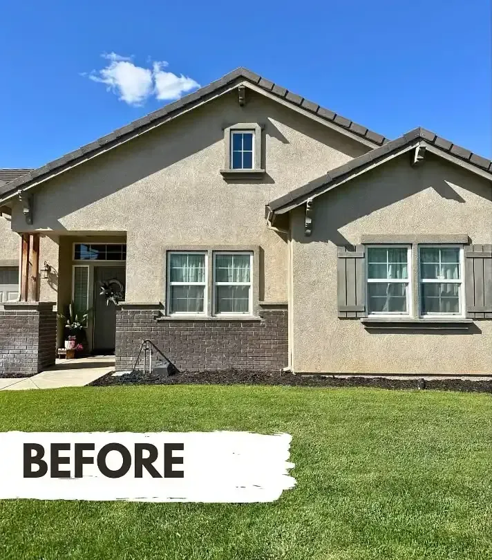 Single-story beige house with green lawn and blue sky, labeled “BEFORE”