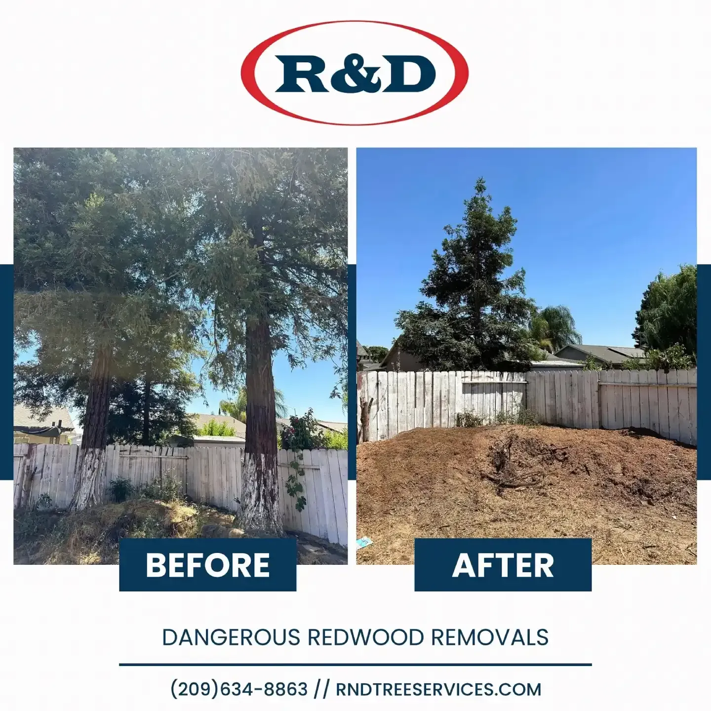Before-and-after yard cleanup by R&D Dangerous Redwood Removals, showing tree removal and cleared ground.