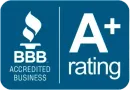 BBB Accredited Business A+ rating badge on blue background