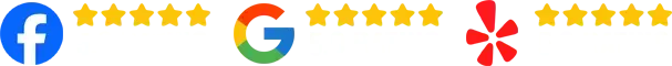 Logo strip with Facebook, Google, and Yelp icons, each followed by five gold stars