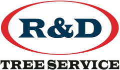 R&D Tree Service logo in blue and red with an oval outline