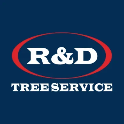 R&D Tree Service logo on navy background with white text and red oval