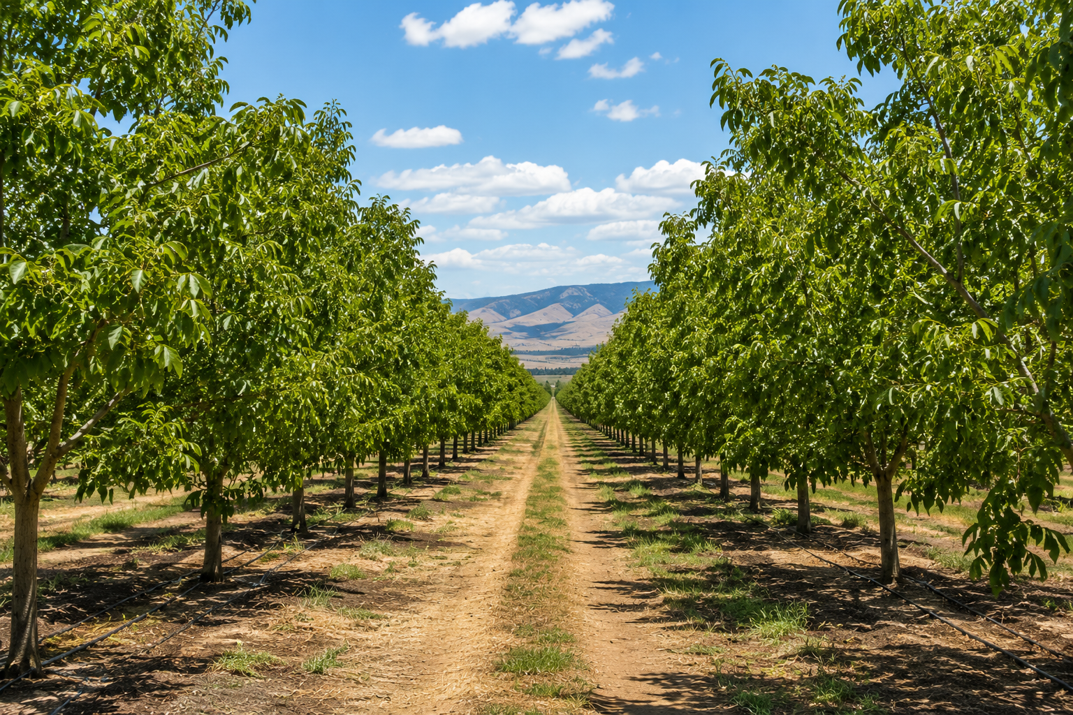 Rows of green orchard trees lining a dirt path under a bright blue sky with clouds