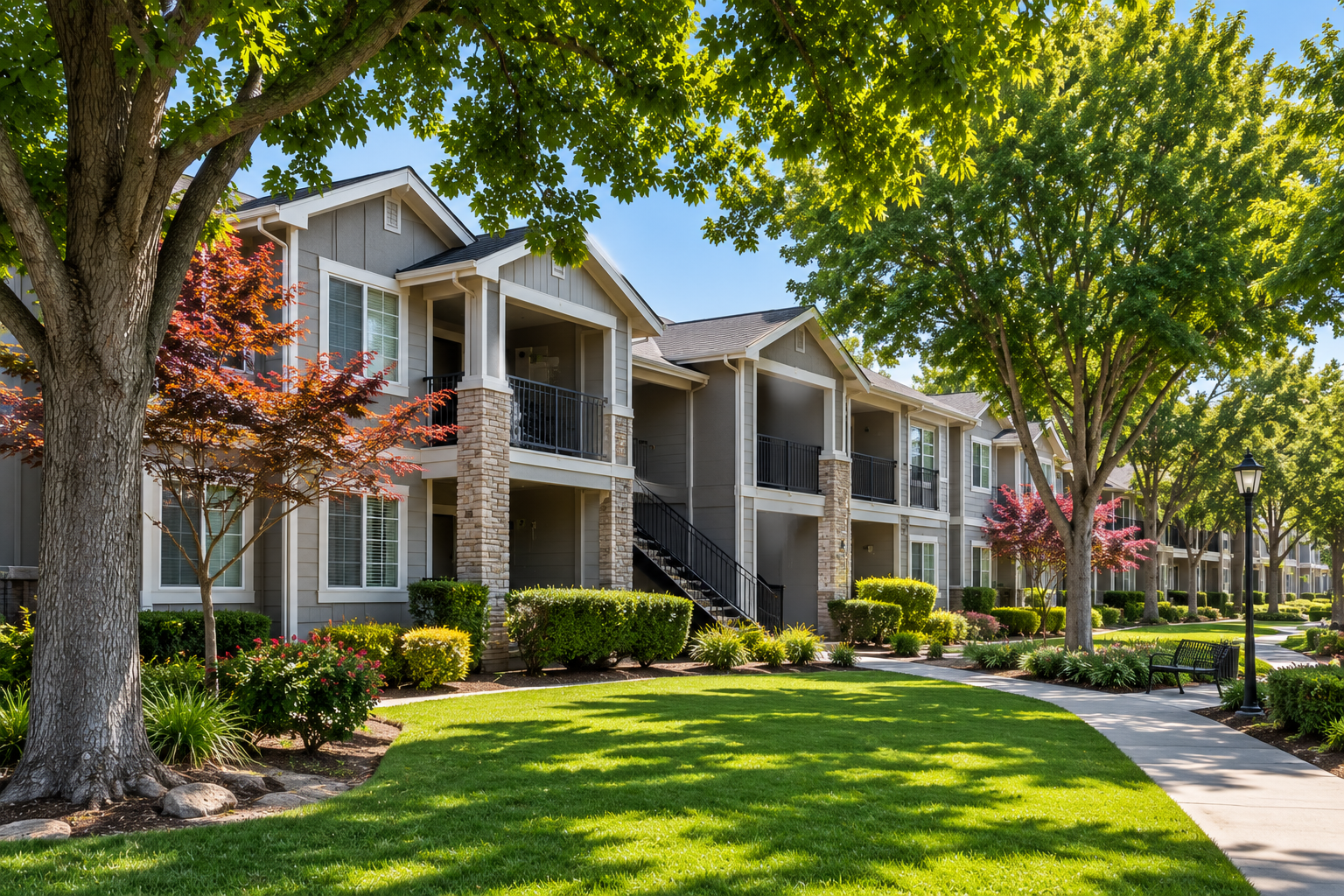 Apartment complex with balconies, green lawn, and tree-lined walkway on a sunny day