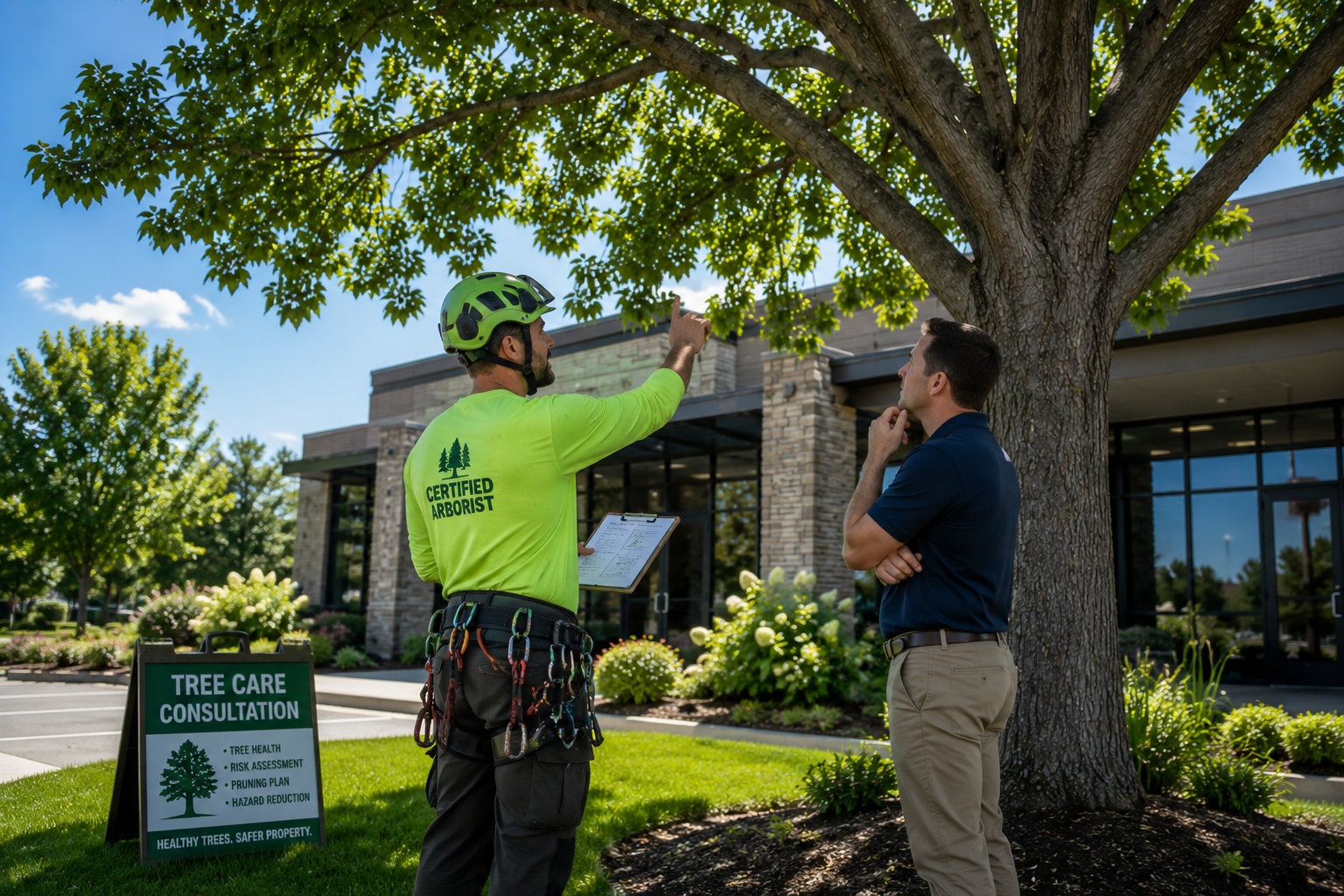 Two workers discuss tree trimming beside a building, one pointing up at a large tree.