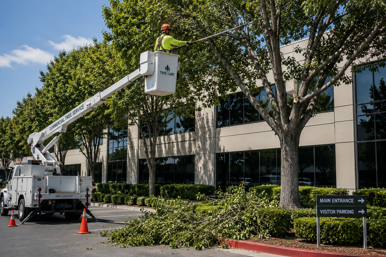 Worker in a bucket lift trimming trees outside an office building with parked truck and cones