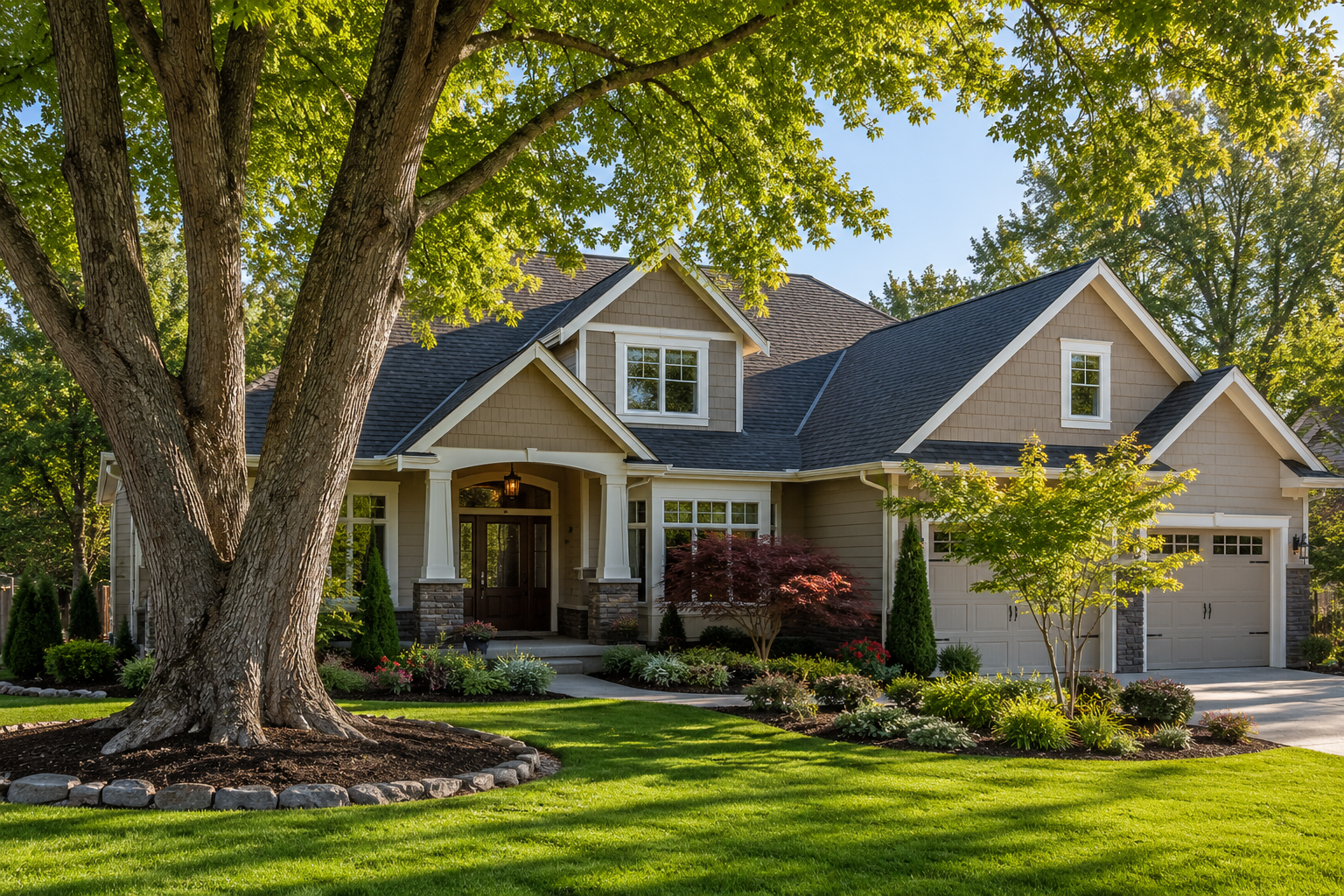 Suburban house with a large tree, manicured lawn, and a garage in bright daylight