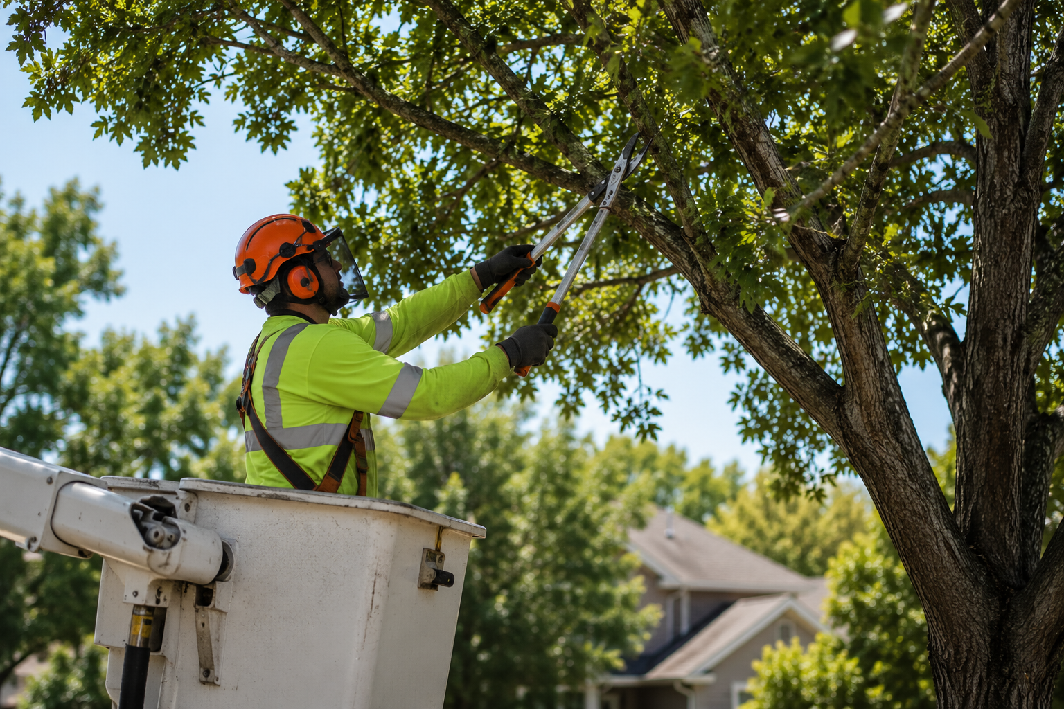 Tree worker in a bucket lift trimming branches with a chainsaw near a house