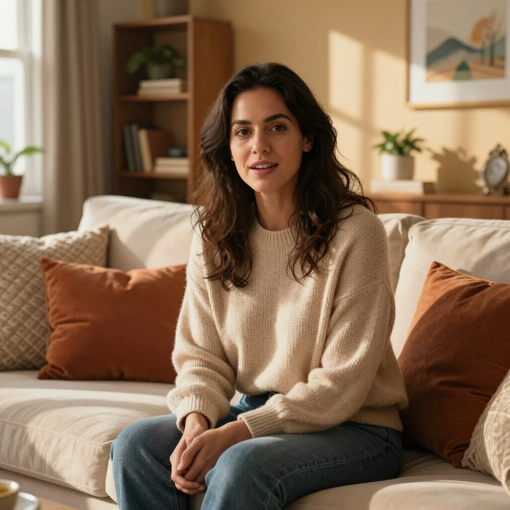 Woman sitting on a sofa in a sunny living room with beige and rust-colored cushions.