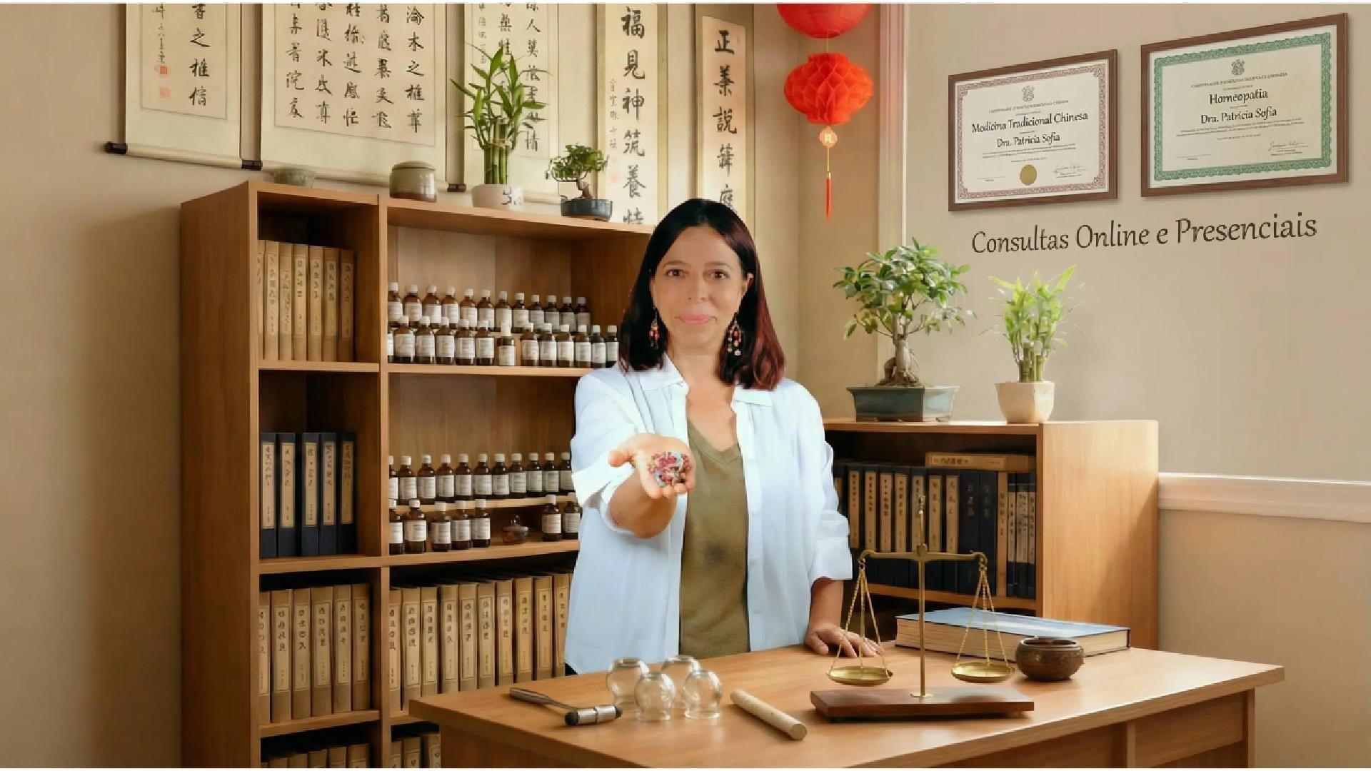 Mulher de jaleco branco oferecendo comprimidos, em um ambiente de escritório com elementos da medicina tradicional chinesa.