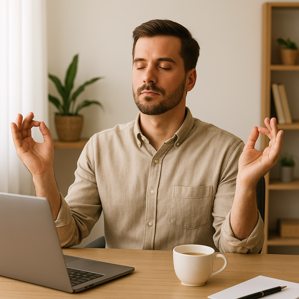 Foco e Concentração: A Perspetiva da Medicina Chinesa para uma Mente Clara Um homem de camisa clara medita em uma mesa com um laptop e uma xícara de café, olhos fechados e mãos em pose de mudra.
