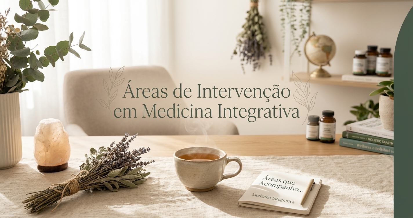 Mesa com ervas, chá e livro sobre medicina integrativa, com o texto “Áreas de Intervenção em Medicina Integrativa”.