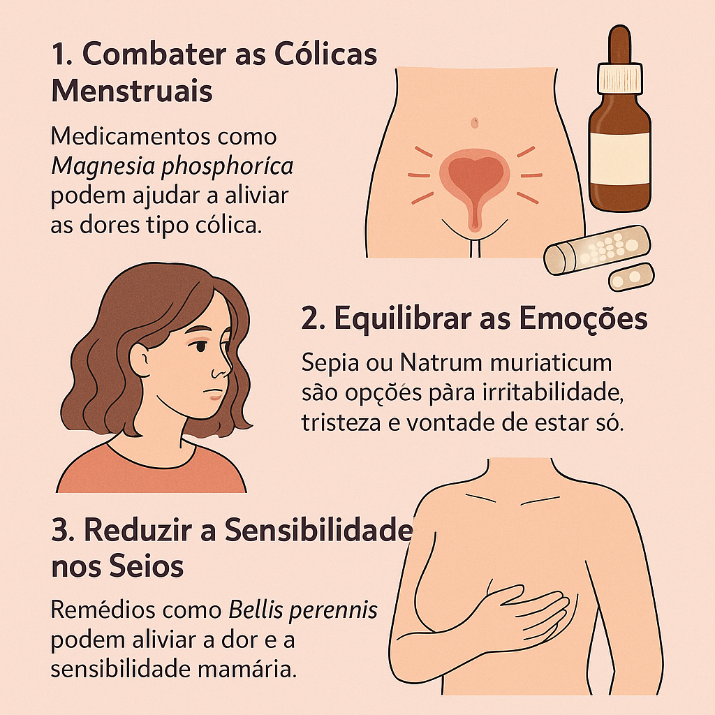 Infográfico com 3 dicas para alívio menstrual. As figuras ilustradas mostram um útero,