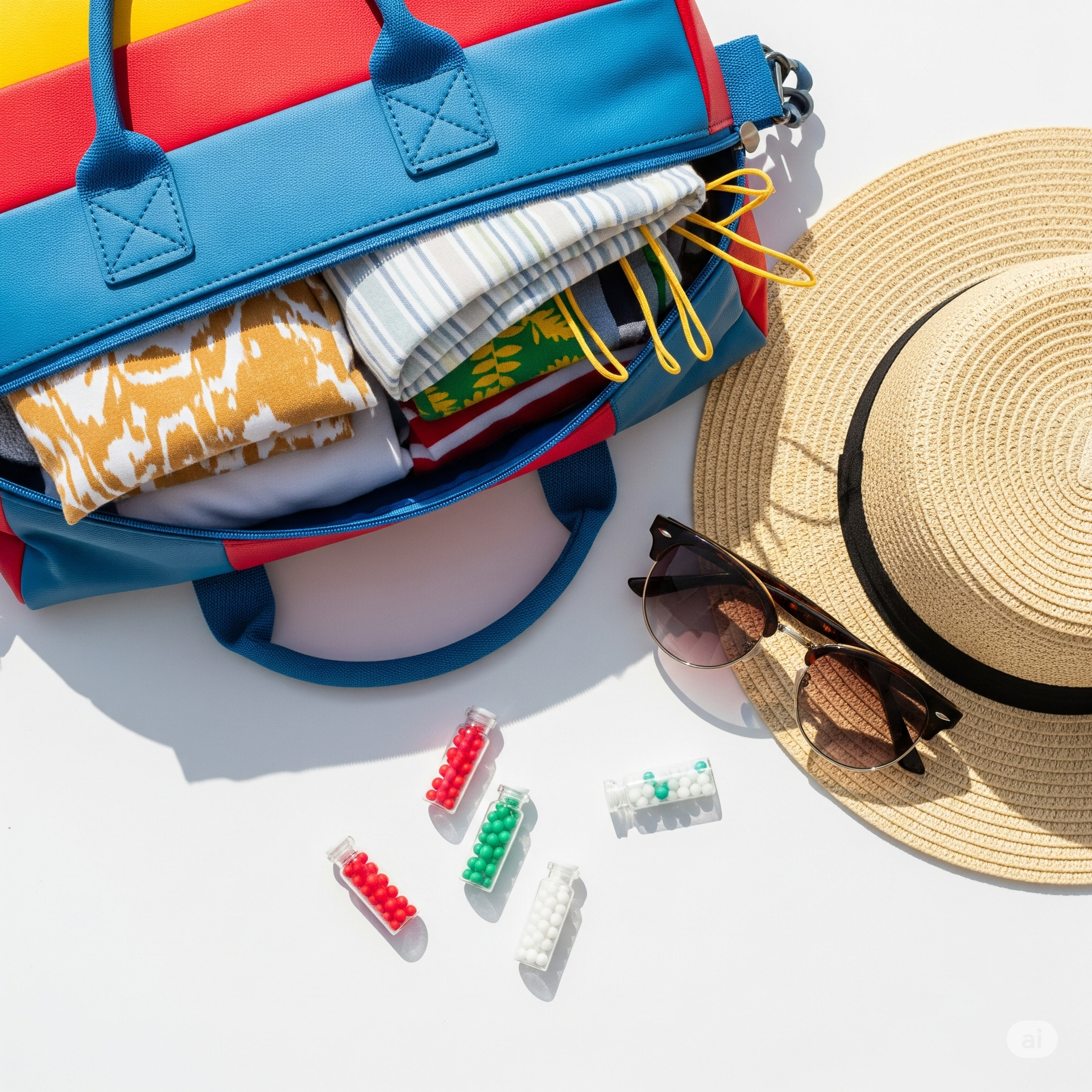 Uma bolsa de praia colorida cheia de roupas, um chapéu de palha,