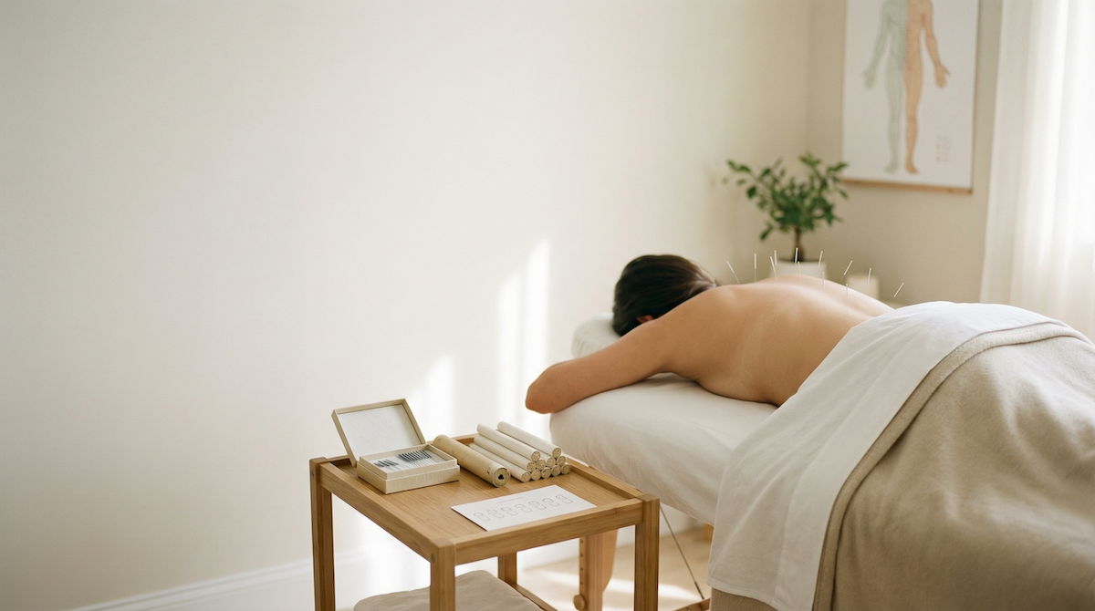 pessoa deitada de bruços em uma maca de massagem em uma sala clara e minimalista, com uma mesa lateral 