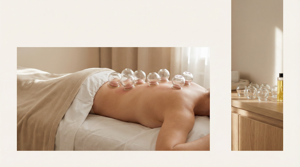 Uma pessoa deitada em uma maca de massagem com ventosas nas costas, ao lado de uma mesa com materiais para terapia.