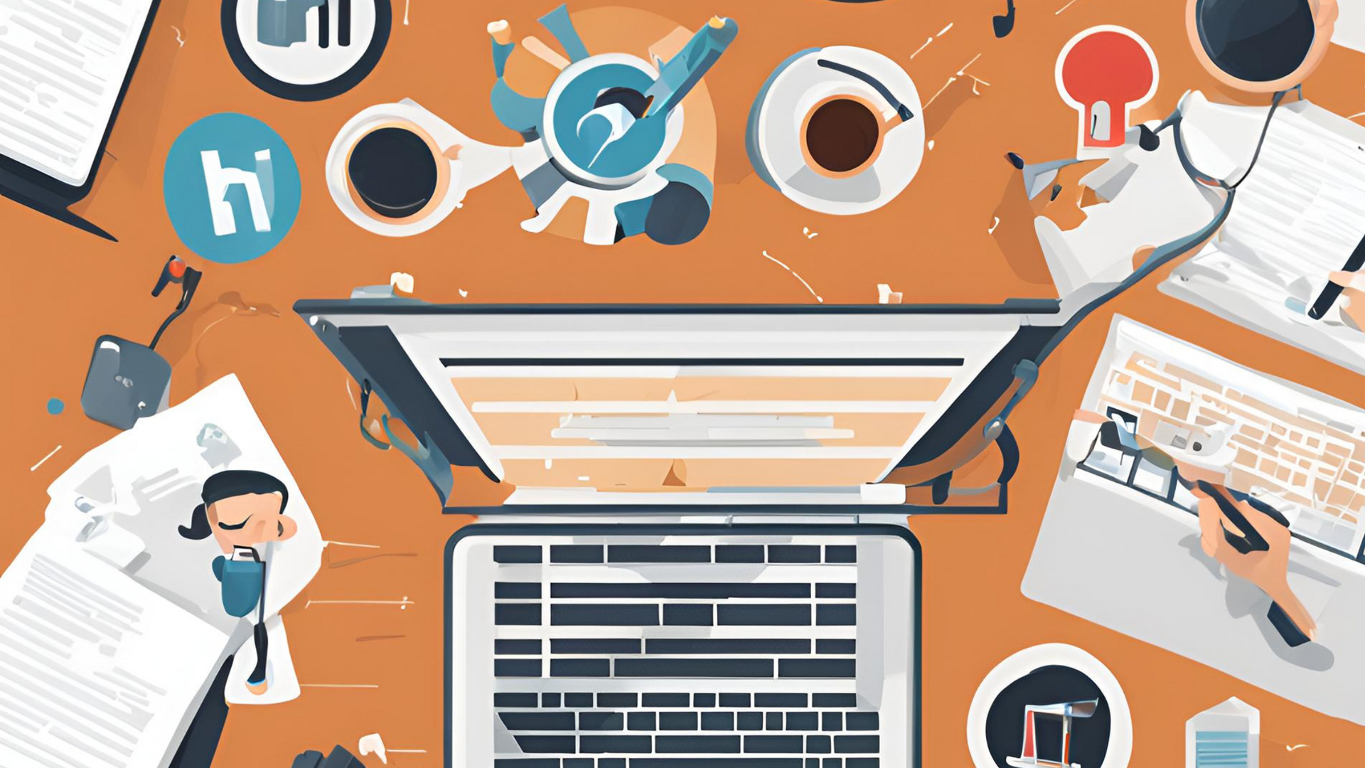 A laptop computer is sitting on top of a desk surrounded by various objects.