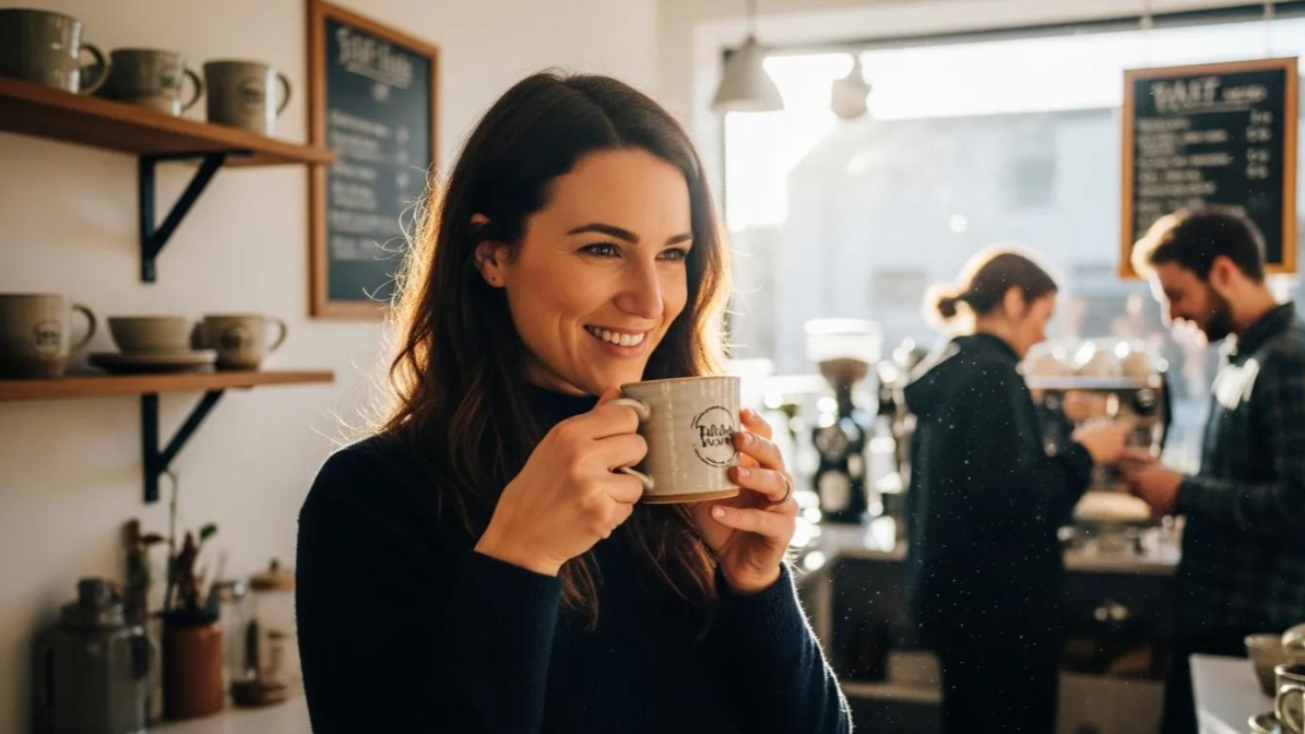 Smiling woman holding a mug in a cozy café with people in the background