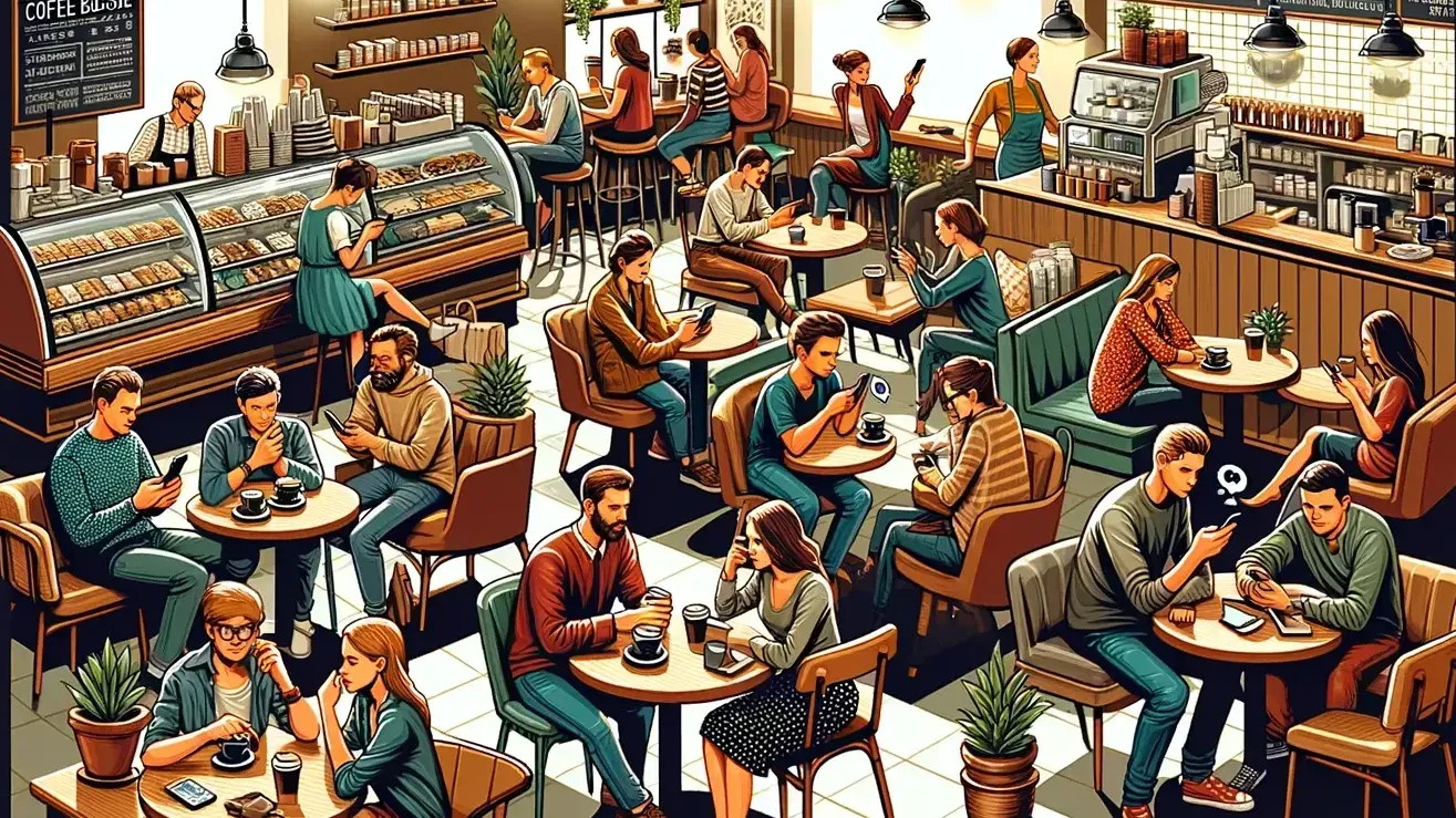a group of people are sitting at tables in a cafe .