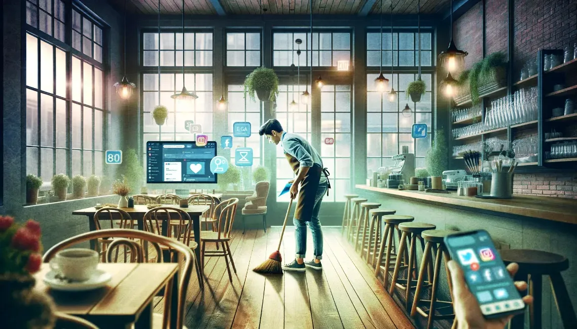 a man is cleaning the floor of a restaurant with a mop .