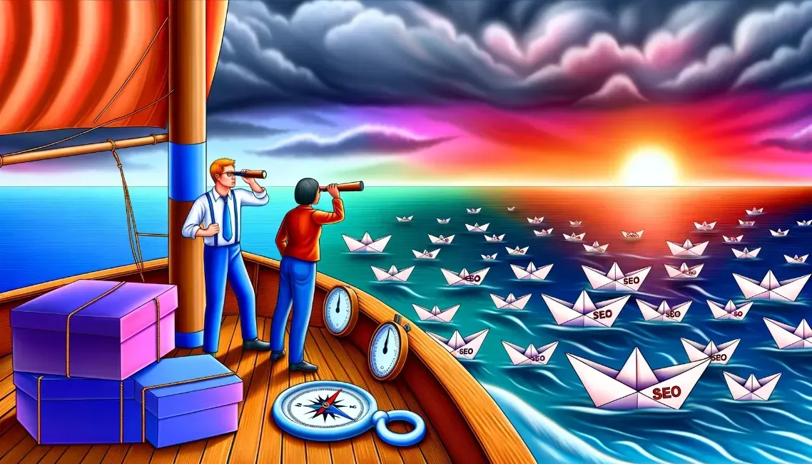 a man on a boat looking through binoculars at paper boats in the ocean